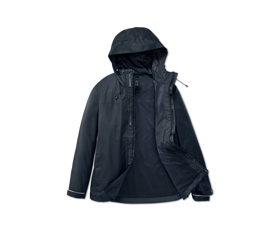 Eine marineblaue Jacke mit Kapuze ist offen und zeigt die innere Schicht.