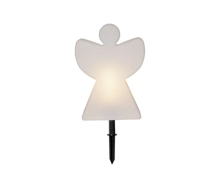 Ein leuchtender LED-Deko-Engel in Weiß mit warmem Licht und schwarzem Erdspieß.