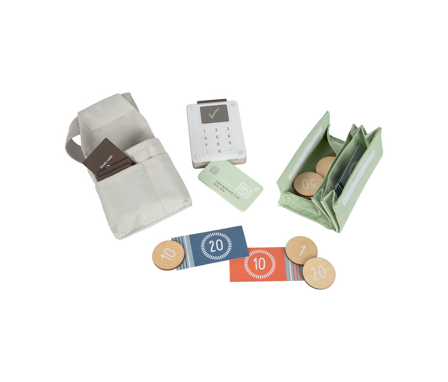 Kinderspielzeug-Set mit Kasse, Geldbörse, Karte und Münzen.
