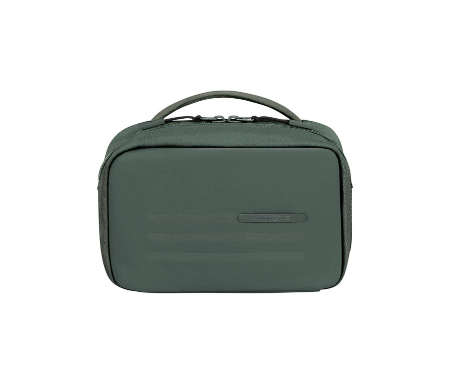 Dunkelgrünes Samsonite STACKD Toilet Kit Weekender mit Griff und dezenten Linien.