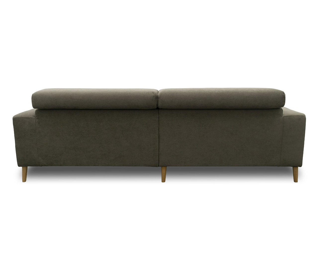 Rückansicht des grauen DOMO Sofa »Malmö« mit Kopfteilverstellung und Holzfüßen.