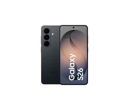 Schwarzes Samsung Galaxy S26 Smartphone von vorne und hinten, mit drei Kameraobjektiven auf der Rückseite und „Galaxy S26“ auf dem Bildschirm.