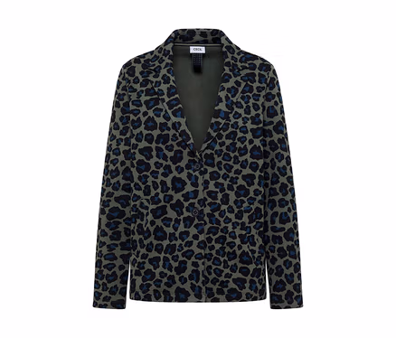 CECIL Jerseyblazer in Olivgrün mit schwarzem und blauem Leopardenmuster, mit einem Knopfverschluss und zwei Vordertaschen.