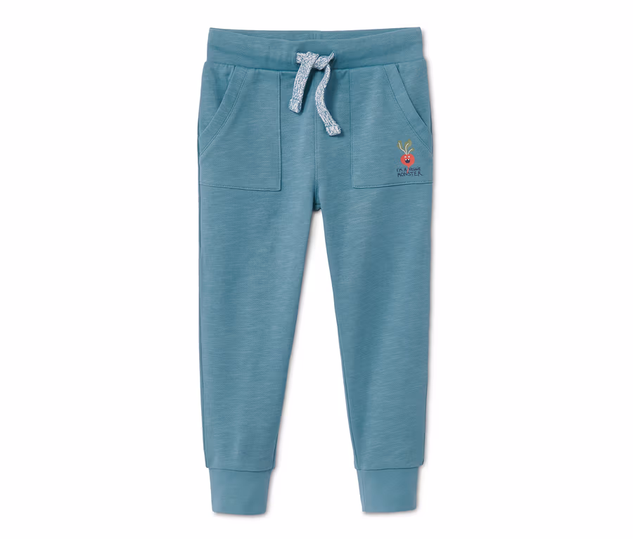 Blaue Sweathose mit Taschen und Kordelzug in der Taille.