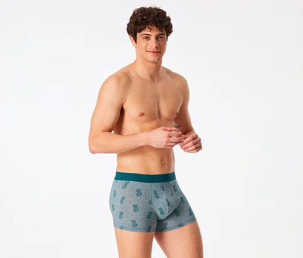 Ein lächelnder Mann mit lockigem Haar, der graue Boxershorts mit Ananasmuster und einem dunkelgrünen Bund trägt, steht vor einem weißen Hintergrund.