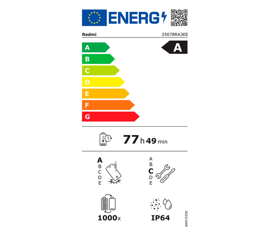 Energielabel des Xiaomi Redmi 15C mit Energieeffizienzklasse A und einer Akkulaufzeit von 77h 49min.