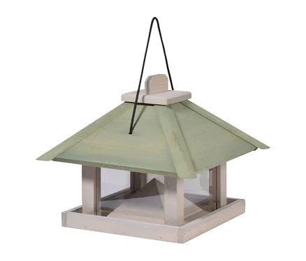 Hölzernes Vogelhaus mit hellgrünem Pyramidendach, transparenten Seitenwänden für Futter und einem naturfarbenen Holzsockel. Eine schwarze Seilschlaufe zum Aufhängen.