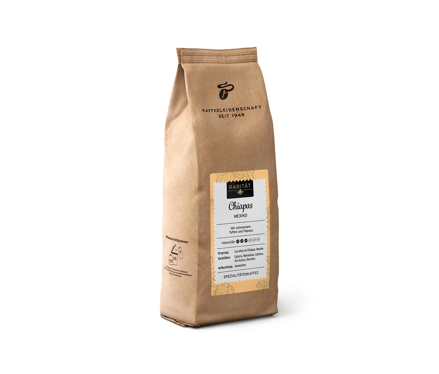 Braune Papiertüte mit 500 g Rarität Chiapas Mexiko ganze Bohne Kaffee, mit dem Schriftzug 'Kaffeeleidenschaft'.