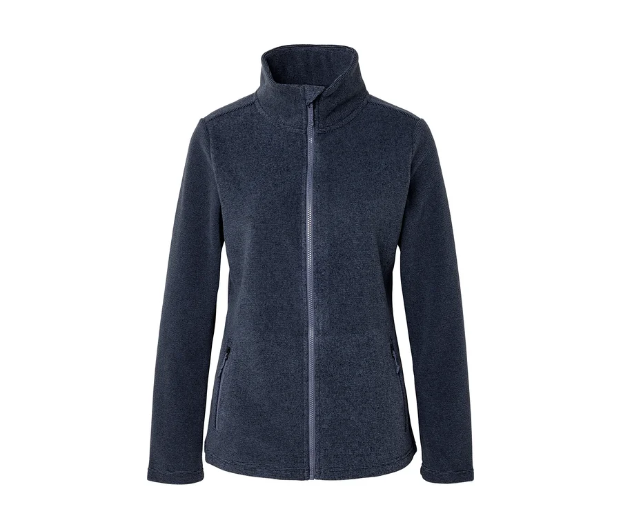 Dunkelblaue Fleecejacke mit Stehkragen, durchgehendem Reißverschluss und zwei Reißverschlusstaschen vorne, auf weißem Hintergrund.