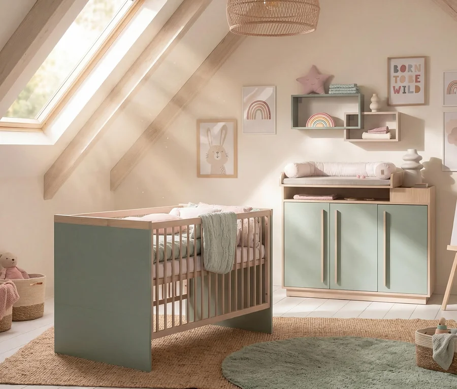Ein helles Babyzimmer mit mintgrünem und hölzernem Gitterbett, rosa Bettwäsche und passender Wickelkommode mit mintgrünen Schränken. Ein Dachfenster beleuchtet die schräge Decke. Der Raum hat einen Jute-Teppich, einen runden grünen Teppich und Wandbilder mit Hasen und Regenbögen.