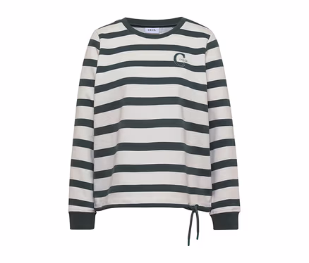 CECIL Sweatshirt mit weißen und dunkelgrünen Streifen, Rundhalsausschnitt und Kordelzug am Saum.