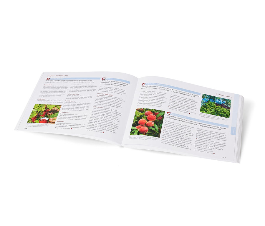 Aufgeschlagenes Buch »Gut geplant durchs Gartenjahr« mit Text und Abbildungen.