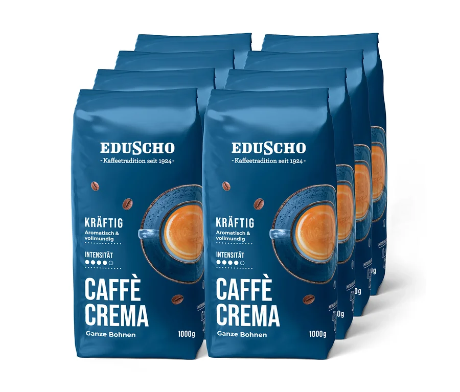 Acht blaue 1-kg-Packungen Eduscho Caffè Crema Kräftig Ganze Bohne sind gestapelt. Jede Packung zeigt eine Kaffeetasse mit Crema, Kaffeebohnen und den Hinweis "kräftig" mit einer Intensität von 4 von 5.