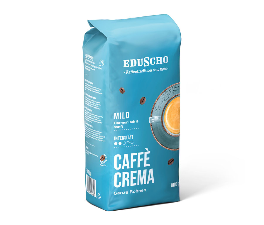 Hellblaue 1 kg Packung Eduscho Caffè Crema Mild Ganze Bohne, mit einer Tasse Kaffee und Kaffeebohnen als Designelemente.