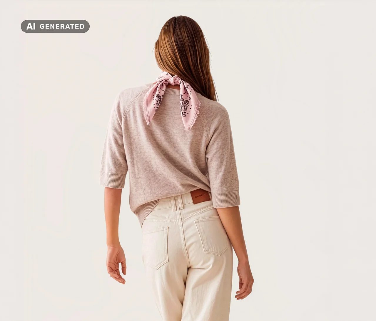 Eine Person von hinten, die einen hellrosa Pullover und helle Jeans trägt, mit einem roséfarbenen Strick-Bandana mit Wolle und Kaschmir um den Hals gebunden.