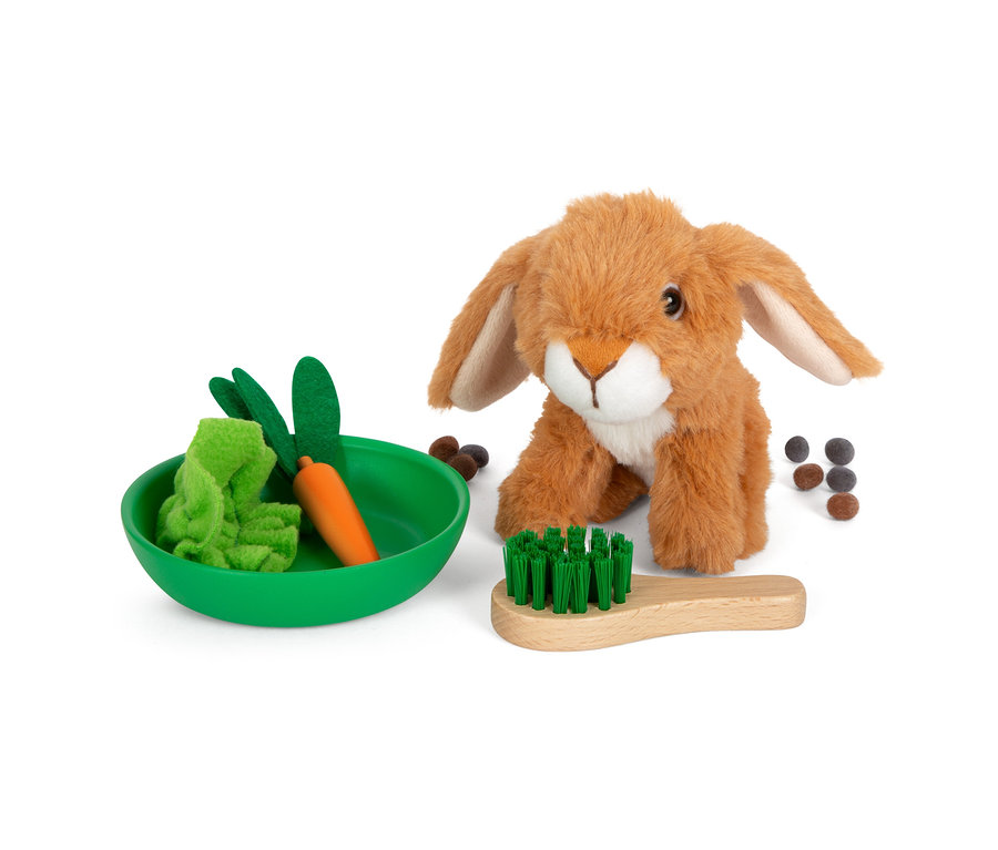 Ein braunes Stofftier-Häschen sitzt neben einer grünen Schale mit Spielzeug und einer Holzbürste.