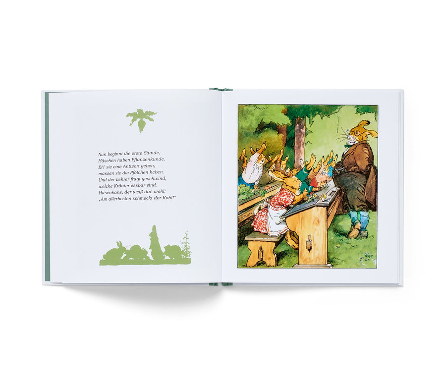 Aufgeschlagenes Buch mit Illustration einer Tierklasse, in der ein Hase vor Bänken voller kleiner Hasen steht. "Die Häschenschule" Buch.