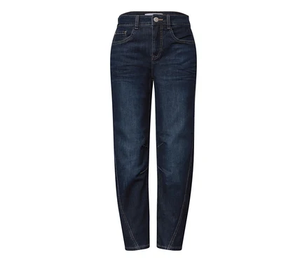 Dunkelblaue Street One Jeans mit hohem Bund und sichtbaren Nähten an den Knien.