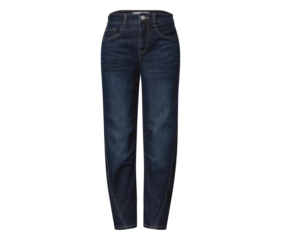 Dunkelblaue Street One Jeans mit hohem Bund und sichtbaren Nähten an den Knien.