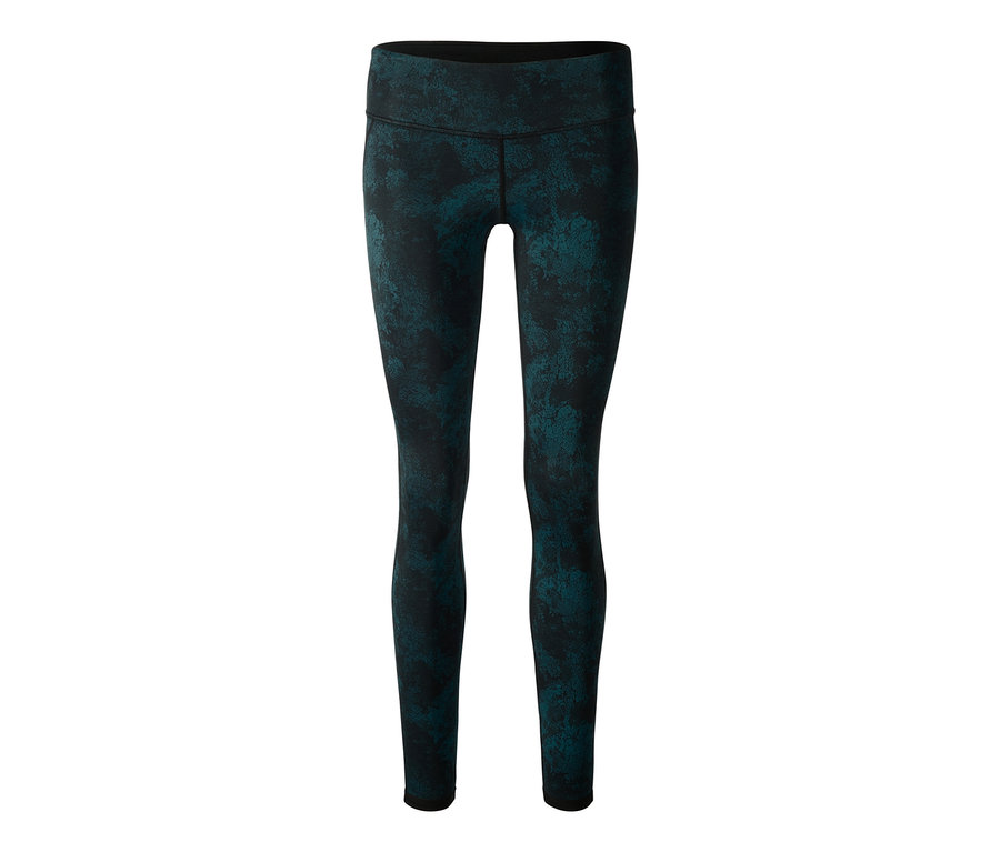 Eine schwarze Wende-Sporttight mit türkisfarbenem Muster.