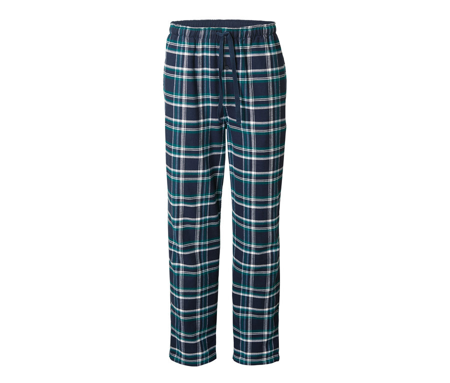 Eine Flanell-Pyjamahose mit einem dunkelblau-grün-weißen Karomuster.