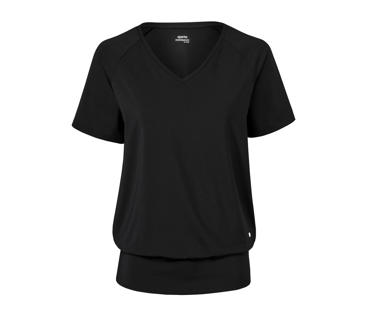 Schwarzes Sportshirt mit kurzen Ärmeln und V-Ausschnitt.