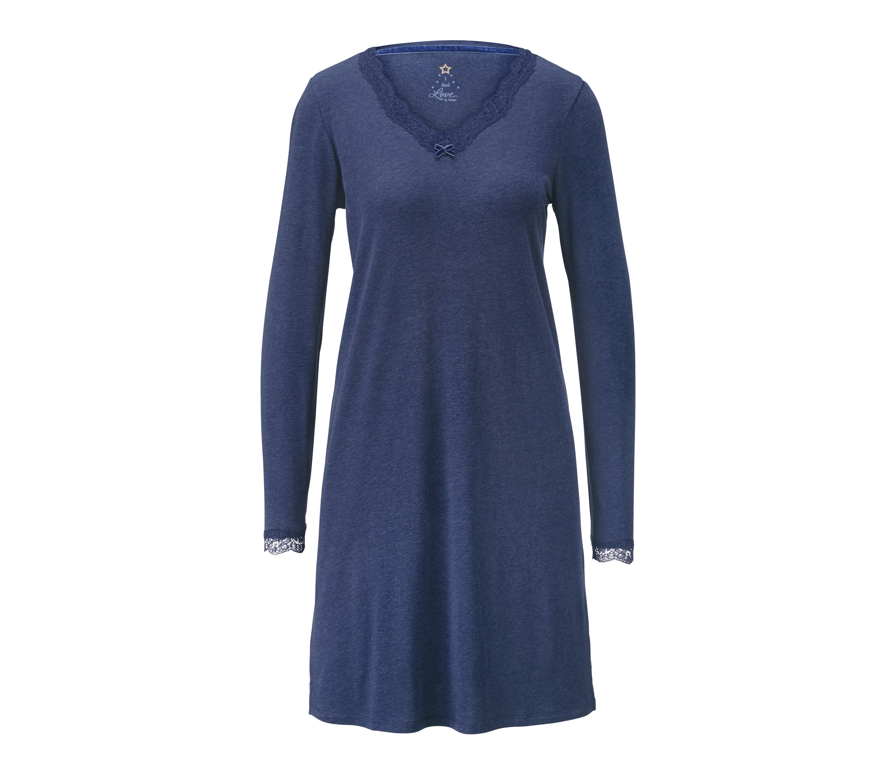 Blaues Nachthemd mit langen Ärmeln und Spitzenbesatz.