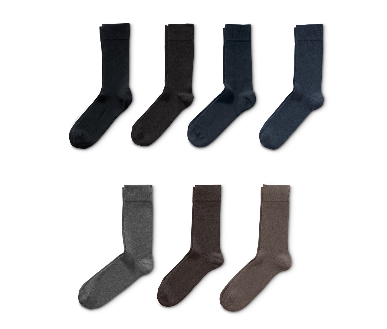 Sieben Paar Socken in verschiedenen Farben.