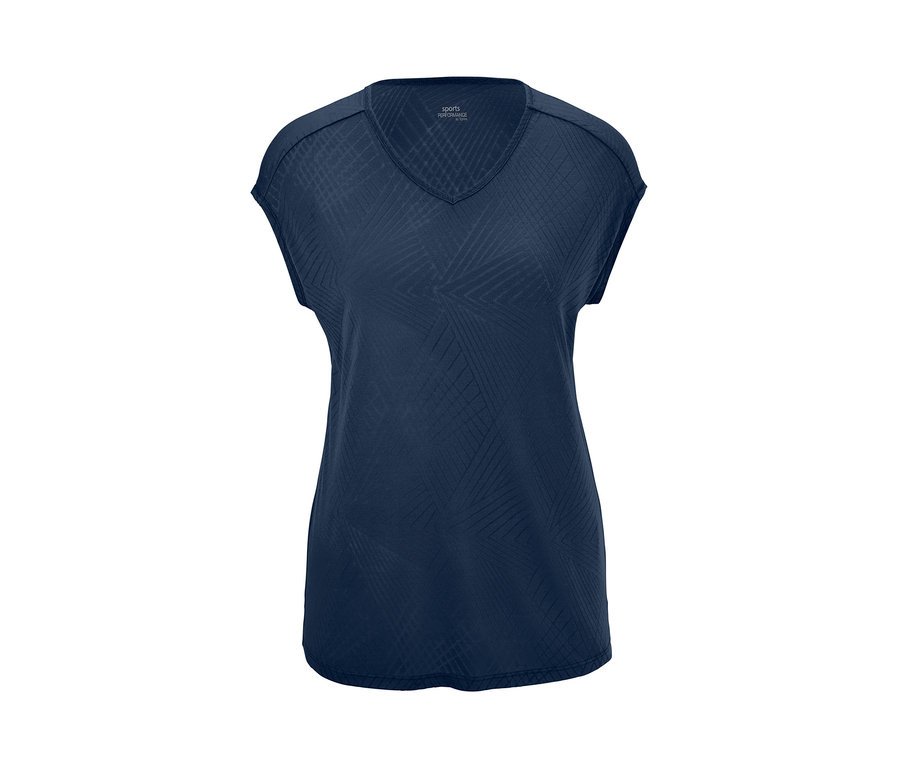 Ein marineblaues Sportshirt mit kurzen Ärmeln und V-Ausschnitt.