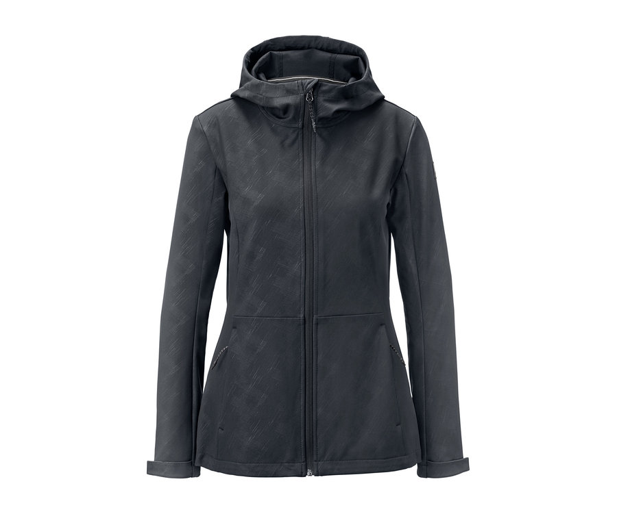 Eine schwarze Softshelljacke mit Kapuze.