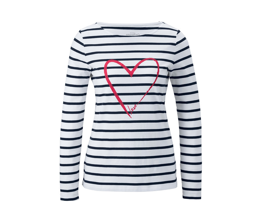 Weißes Streifenshirt mit schwarzen Streifen und rotem Herz.