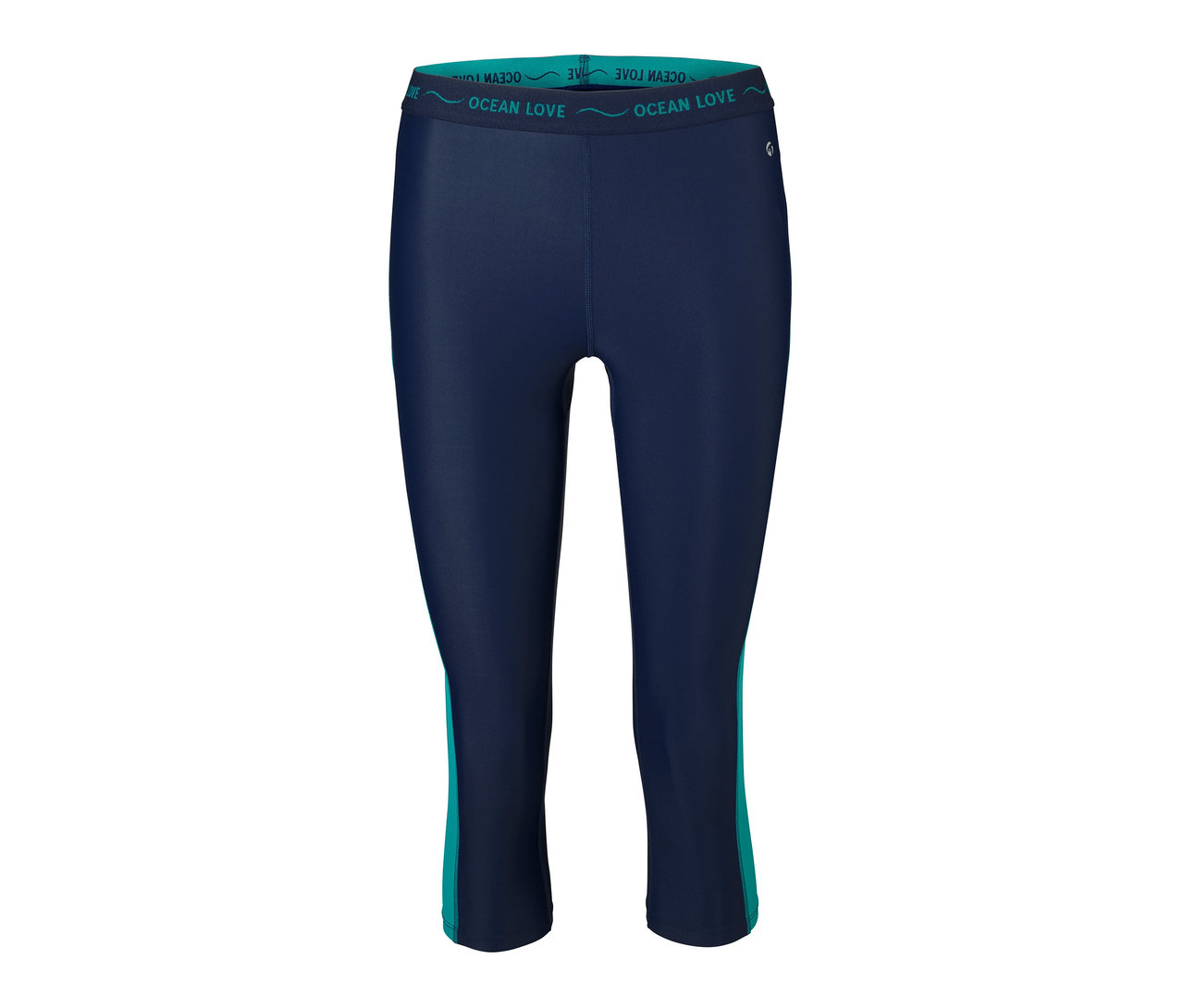 Eine dunkelblaue Schwimm-Lauftight mit türkisen Details an den Seiten.