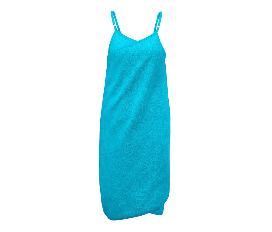 Ein türkisfarbenes Handtuch-Kleid mit Trägern.