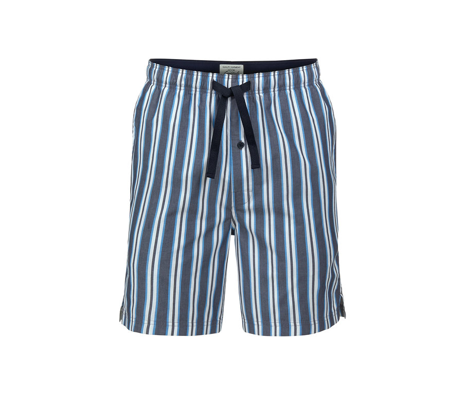 Web-Pyjamashorts mit blau, weißen und grauen Streifen.