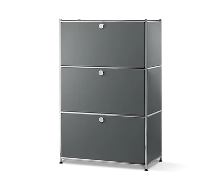 Ein mattgraues Metallregal mit 3 Klappfächern.