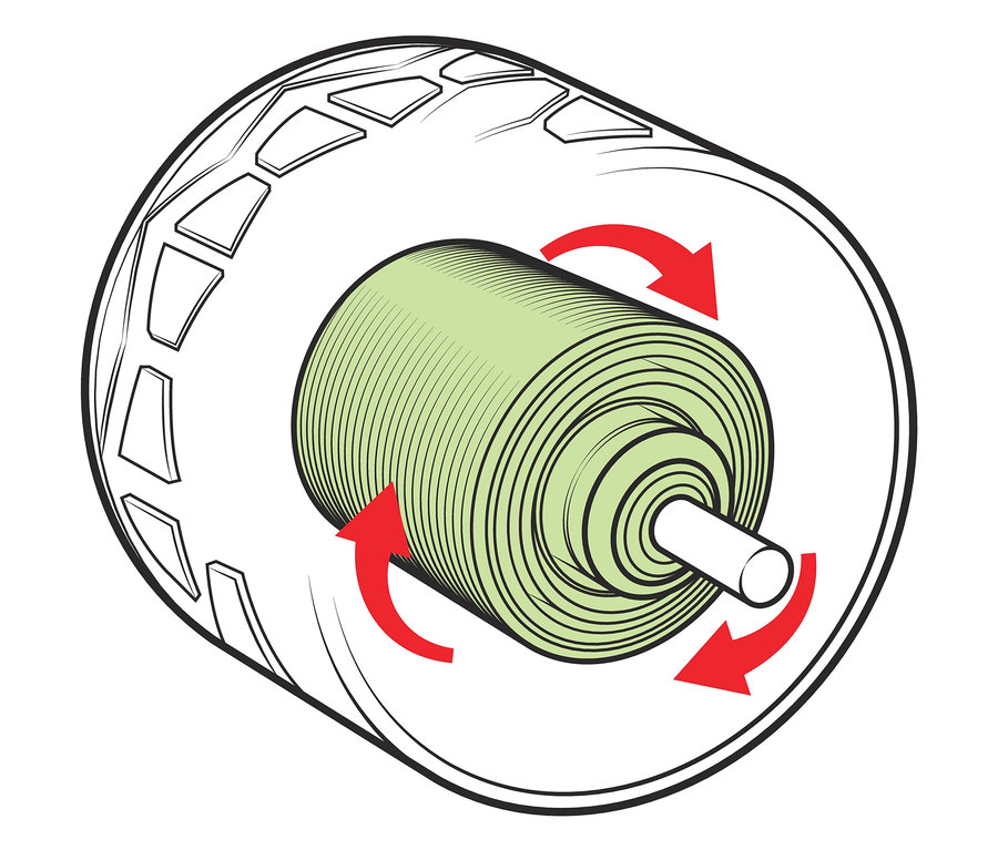 Illustration eines Fitness-Rollers mit roten Pfeilen, die die Drehrichtung anzeigen.