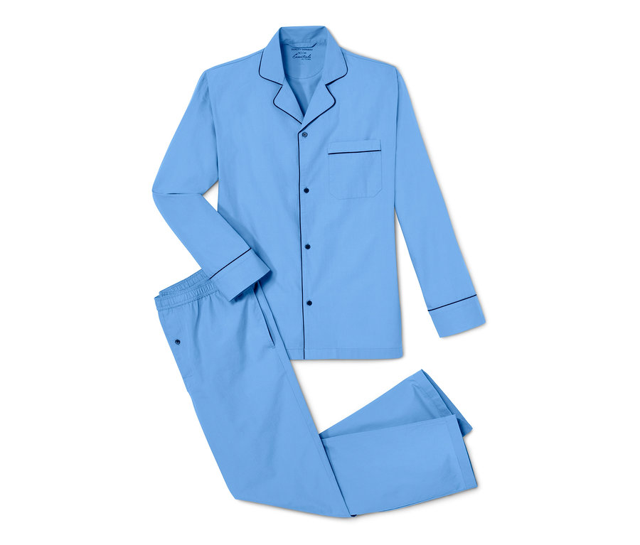 Blauer Web-Pyjama mit Knöpfen und Paspelierung.