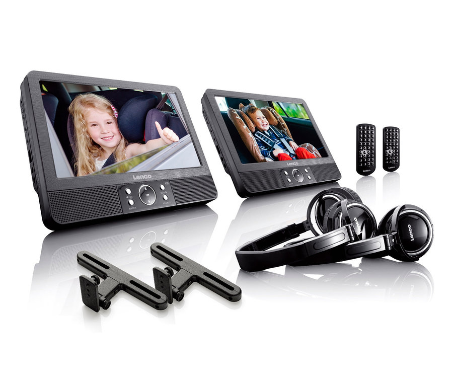 Zwei schwarze Lenco 9-Zoll tragbare DVD-Player-Sets mit Zubehör, Kopfhörer und Fernbedienungen.