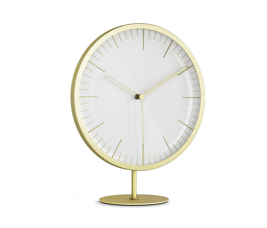 Goldene Tischuhr mit weißem Zifferblatt. Umbra-Tisch-und-Wanduhr »Infinity«.