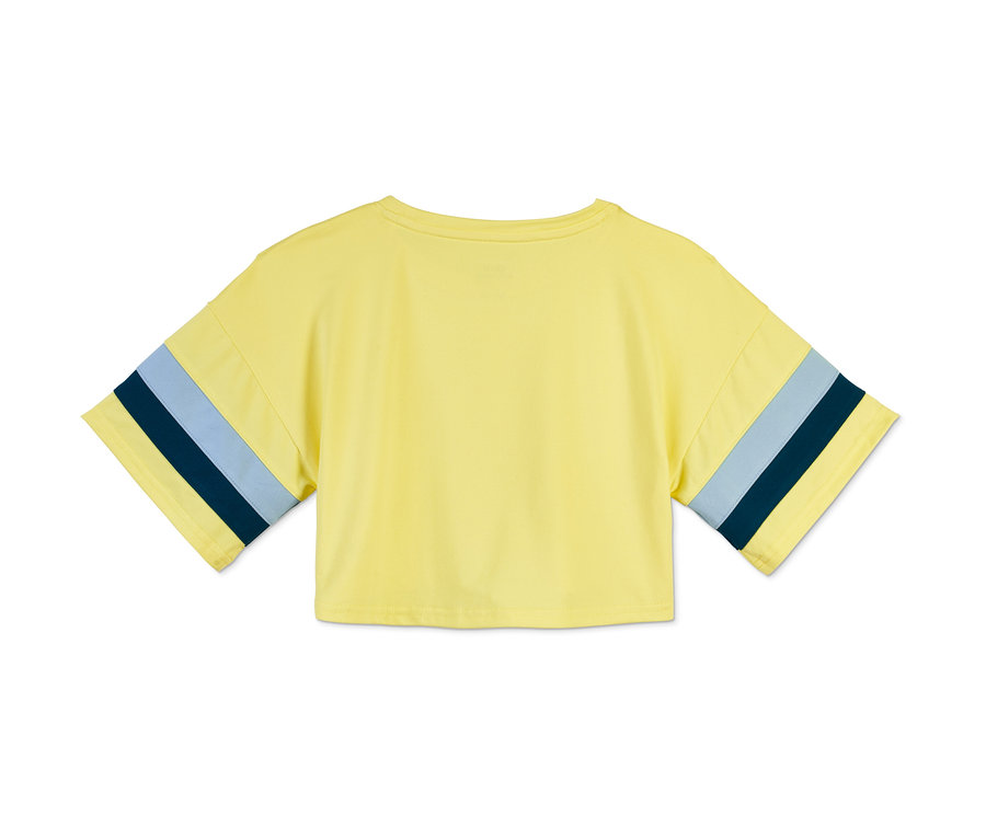 Gelbes Kinder-Cropped-Funktionsshirt mit recyceltem Material, kurzen Ärmeln und blauen Streifen.