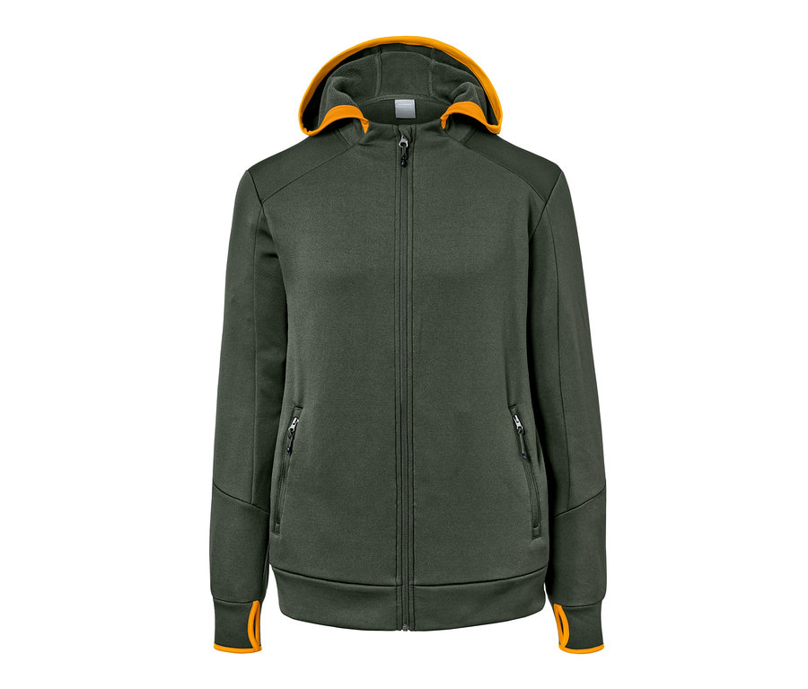 Grüne Funktionsjacke mit gelber Kapuze.