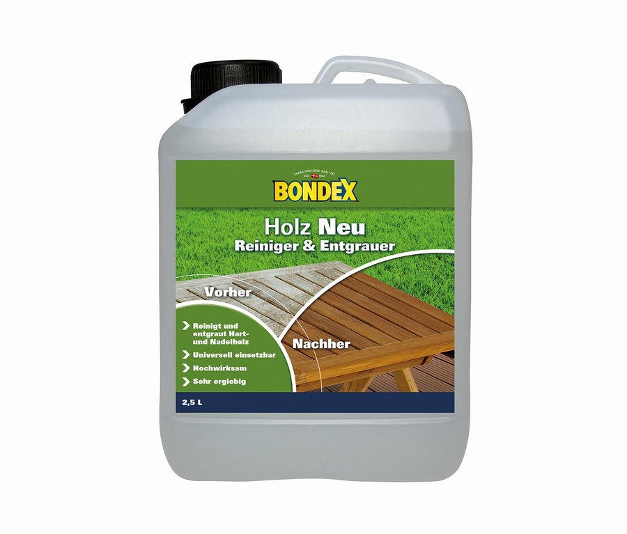 Verpackung des Bondex Reinigers und Entgrauers "Holz Neu" mit einem Volumen von 2,5 l. Auf der Verpackung befindet sich ein Bild eines Holztisches vor und nach der Anwendung des Produkts.