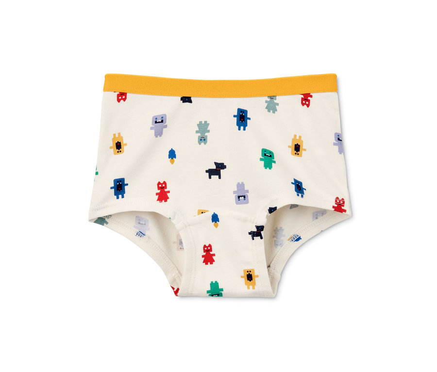 Eine einzelne Unterhose der 3 Pantys, mit bunten Comicfiguren.