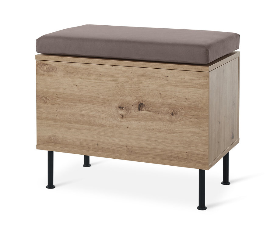 Sitzbank mit Stauraumfach und braunem Kissen.