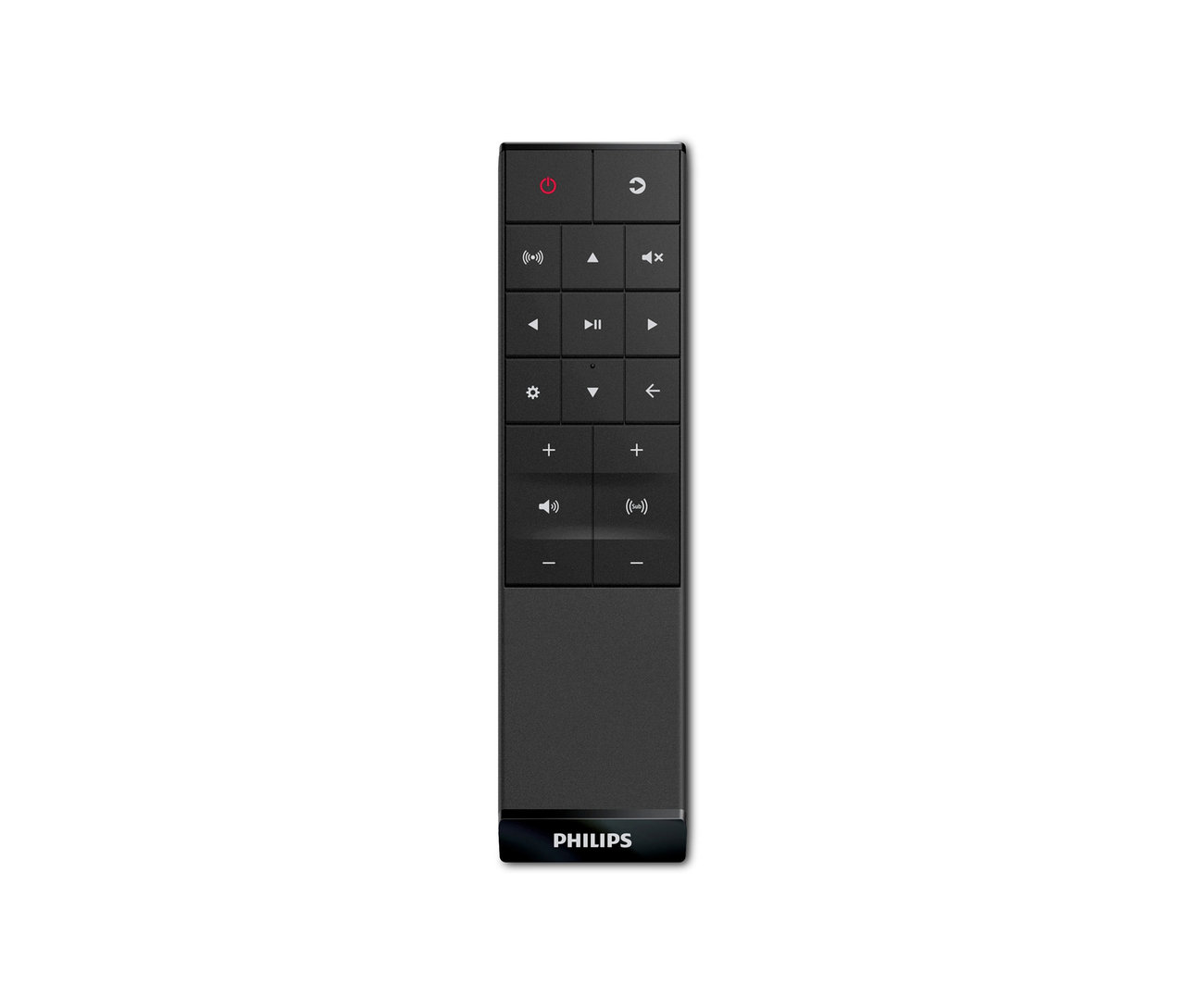 Schwarze Philips Fernbedienung mit Tasten für Ein/Aus, Lautstärke und Wiedergabe. Zu sehen ist die Fernbedienung für die Philips Soundbar 2.1 mit integriertem Subwoofer »TAB8205«.