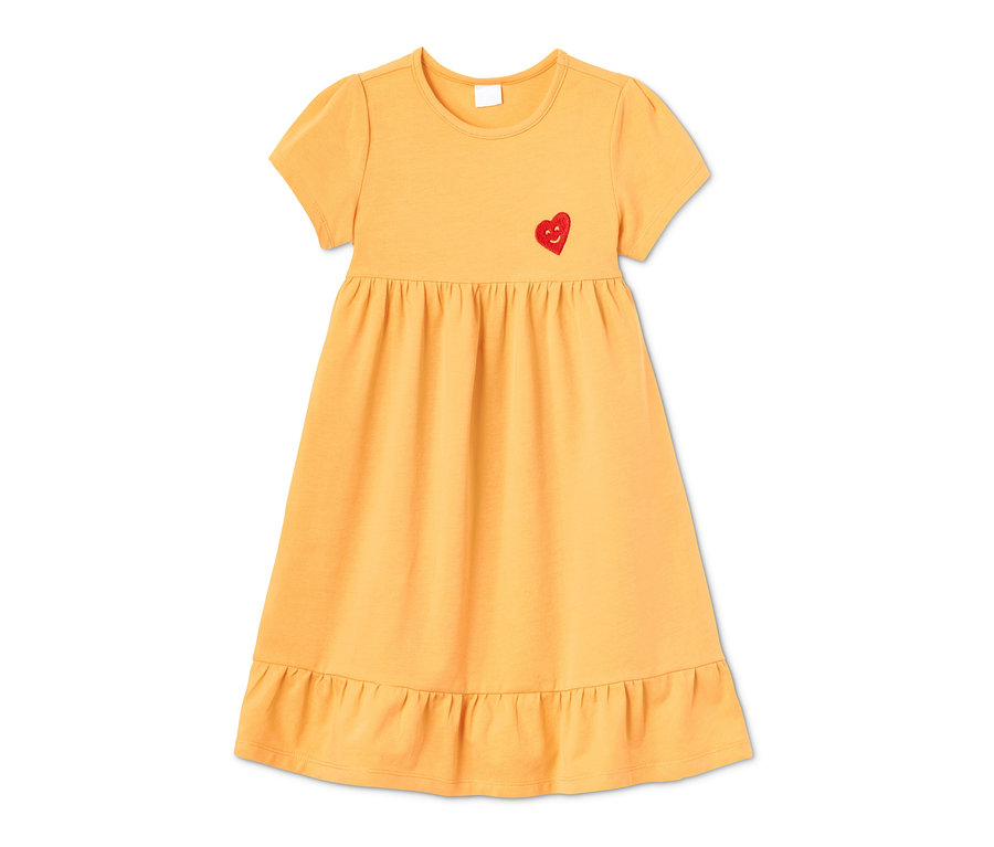 Gelbes Jerseykleid aus Bio-Baumwolle mit kurzen Ärmeln und rotem Herz mit Gesicht auf der Brust.