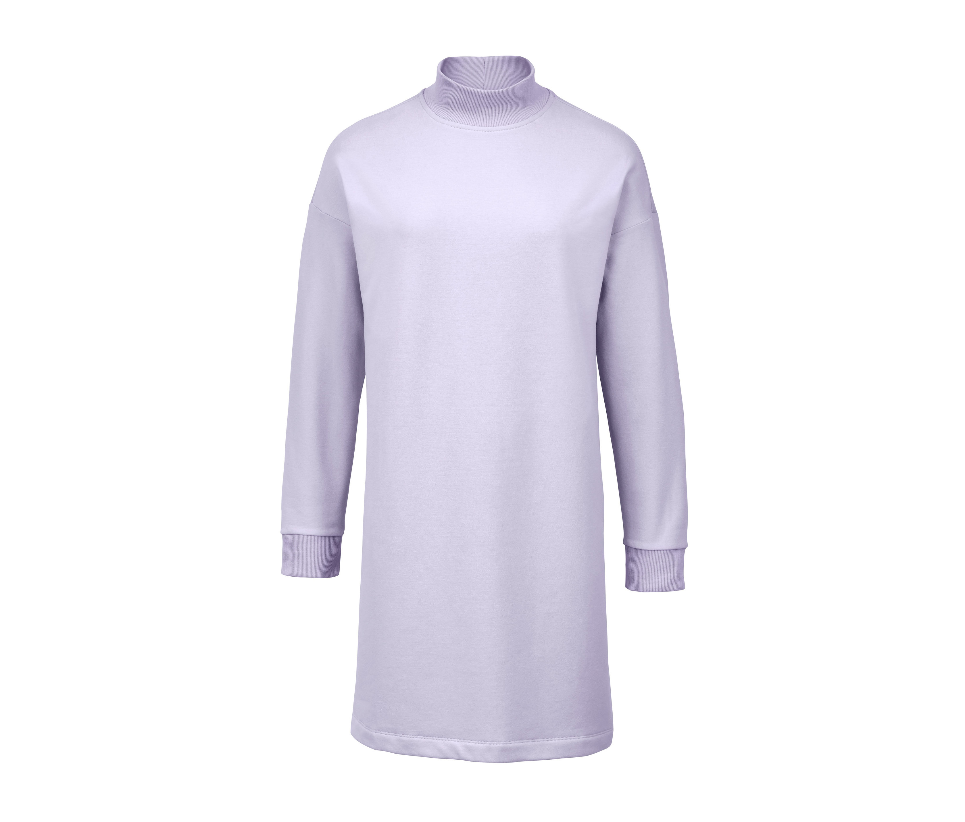 Lila Sweatkleid mit langen Ärmeln.