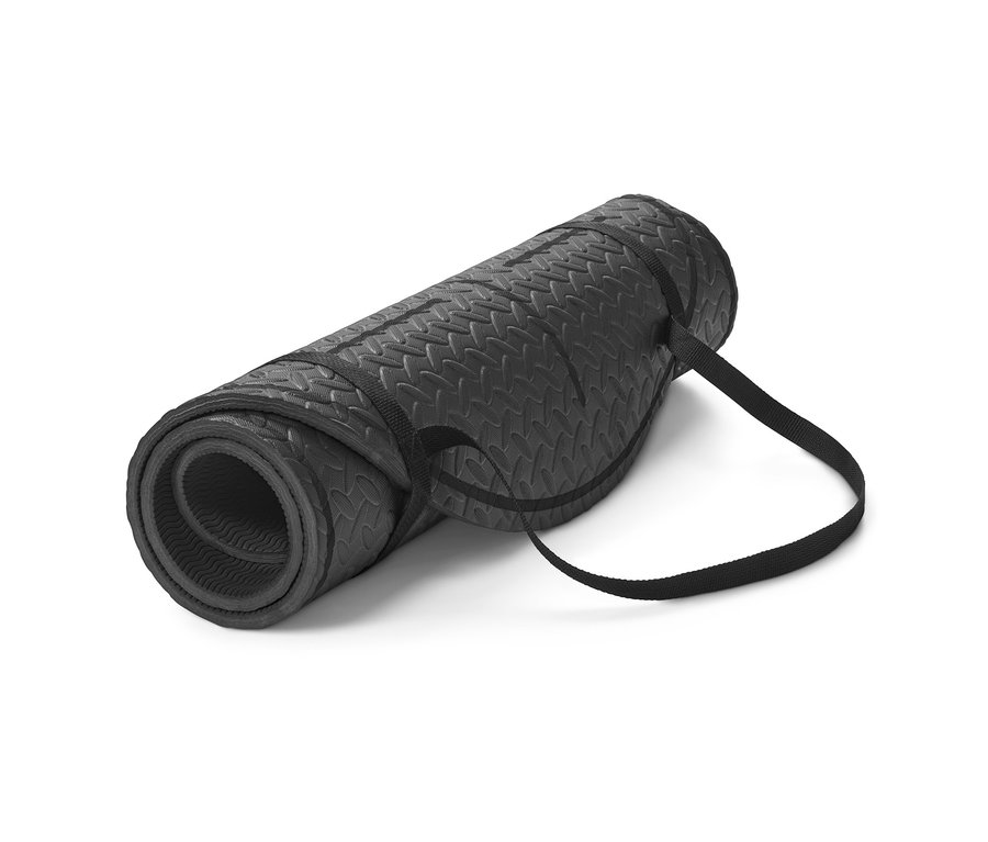 Eine zusammengerollte, schwarze Fitness- und Springseil-Matte mit zwei Riemen.