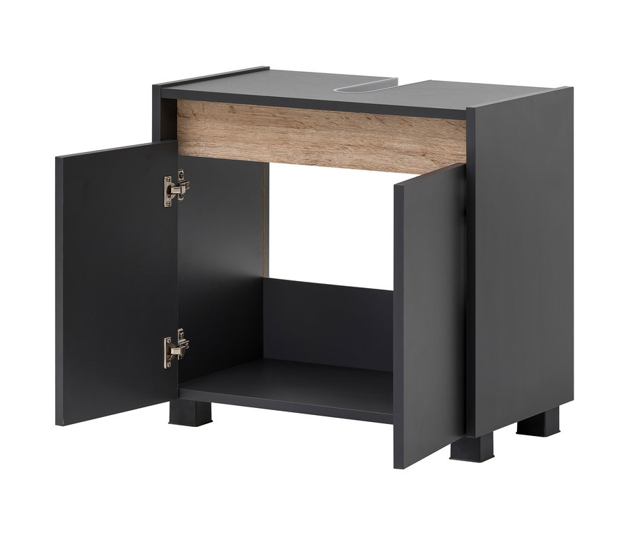 Anthrazitfarbener Waschbecken-Unterschrank »Cosmo« mit geöffneten Türen.