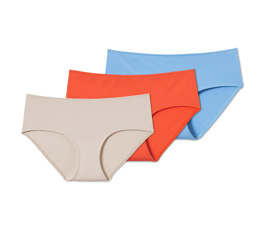 Abgebildet sind drei Pantys in Beige, Orange und Blau.